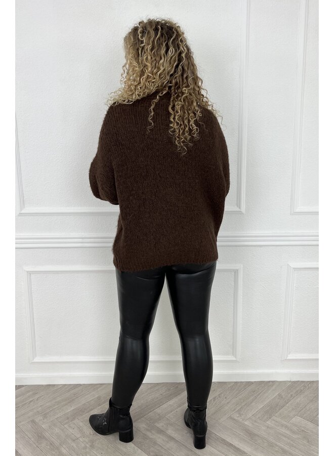 Cozy Knitted Balloon Sleeve Sweater - Brown