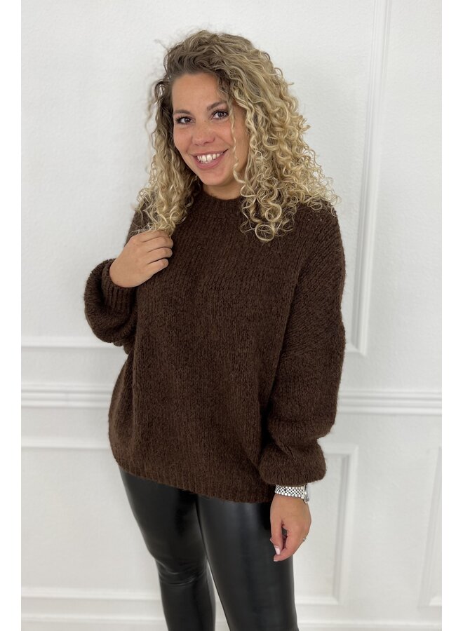 Cozy Knitted Balloon Sleeve Sweater - Brown