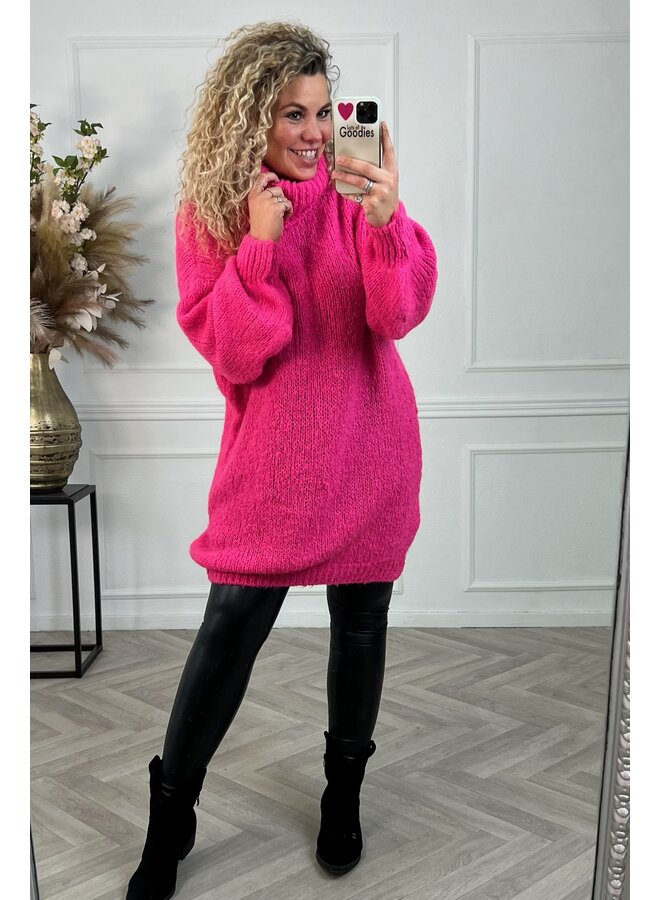 Curvy Knitted Col Dress - Neon Pink