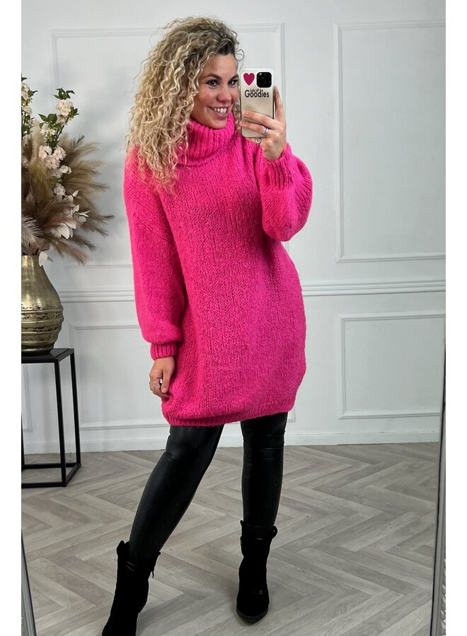 Curvy Knitted Col Dress - Neon Pink