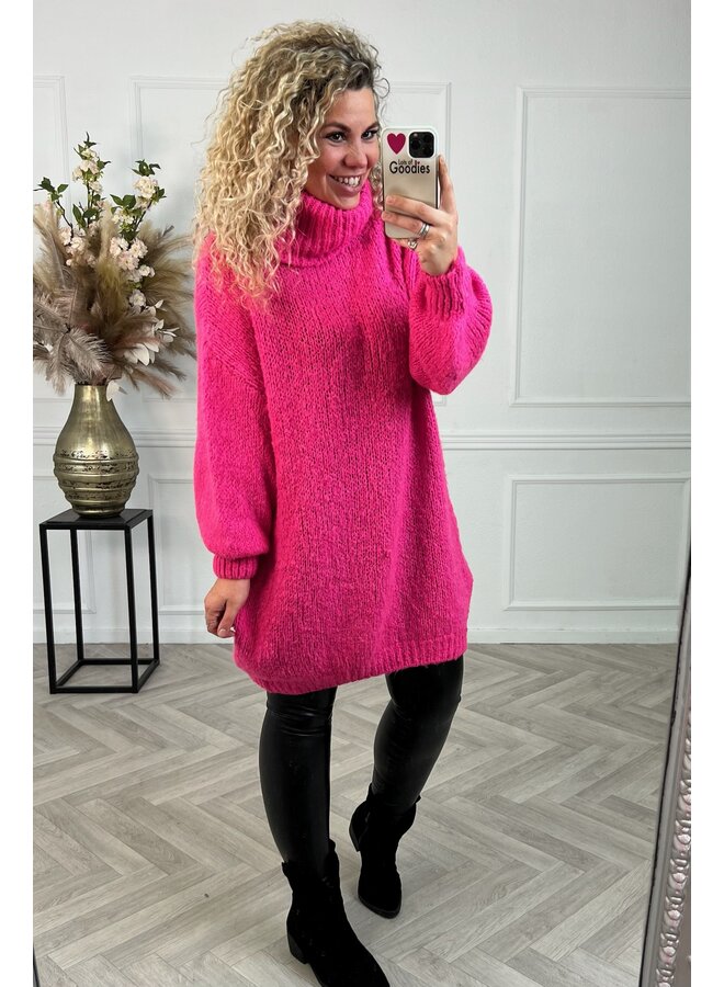 Curvy Knitted Col Dress - Neon Pink