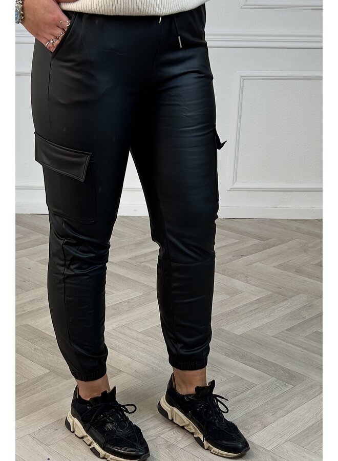 Leather Look Cargo Pants - Black