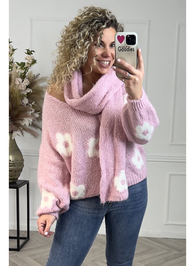 Cozy Flower Knitted Sweater - Pink/Off White