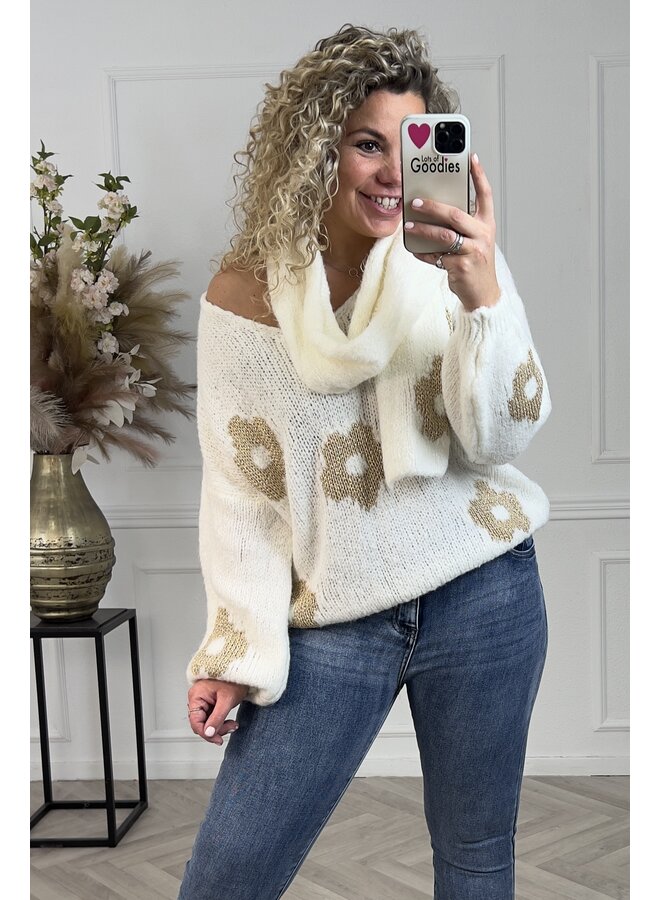 Cozy Flower Knitted Sweater - Off White/Gold