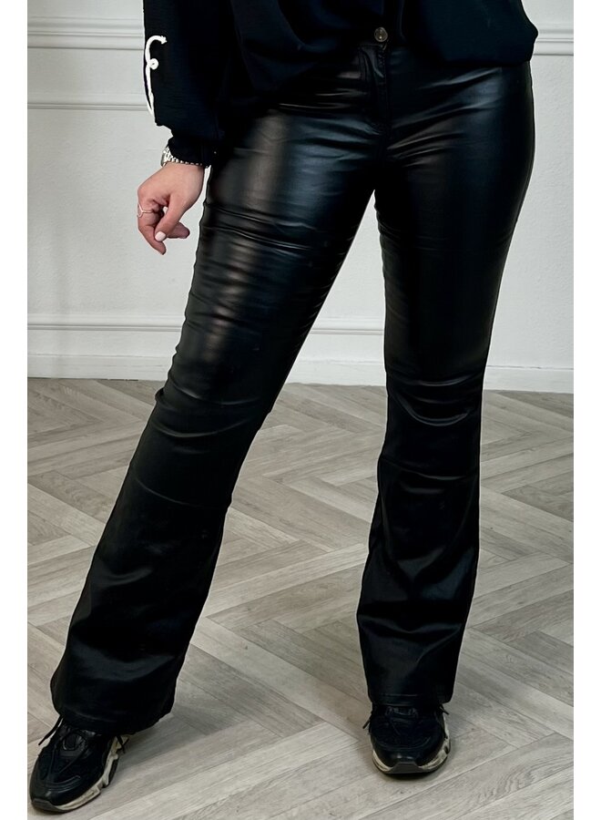 Coated Leather Flared Pants - Black