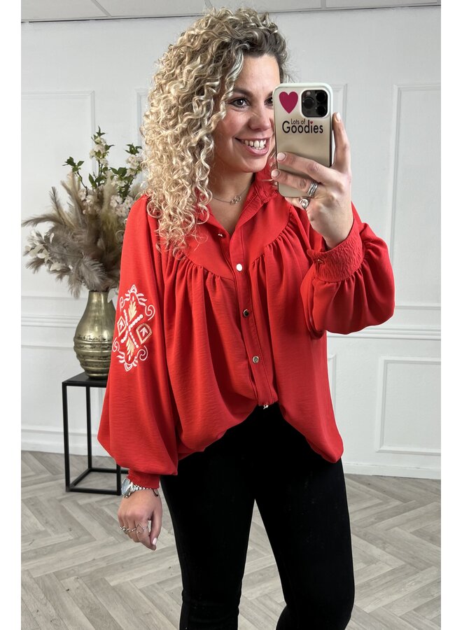 Scarlett Aztec Sleeve Blouse - Coral Red