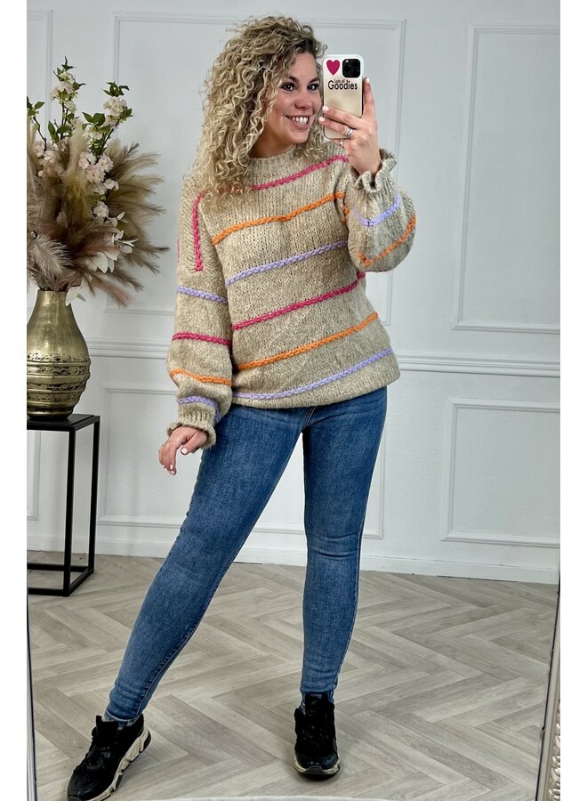 Cozy Rainbow Knitted Sweater - Beige