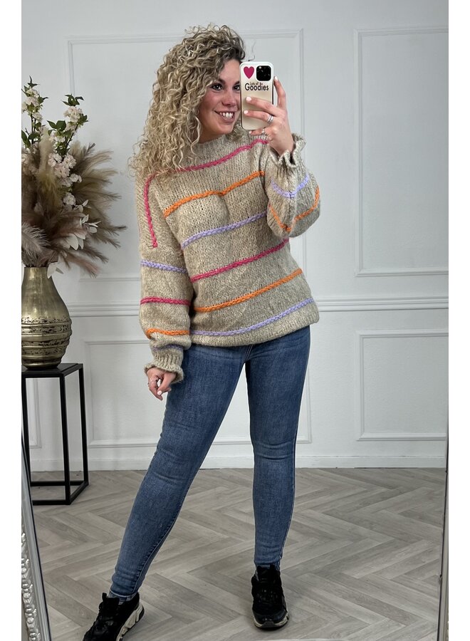 Cozy Rainbow Knitted Sweater - Beige