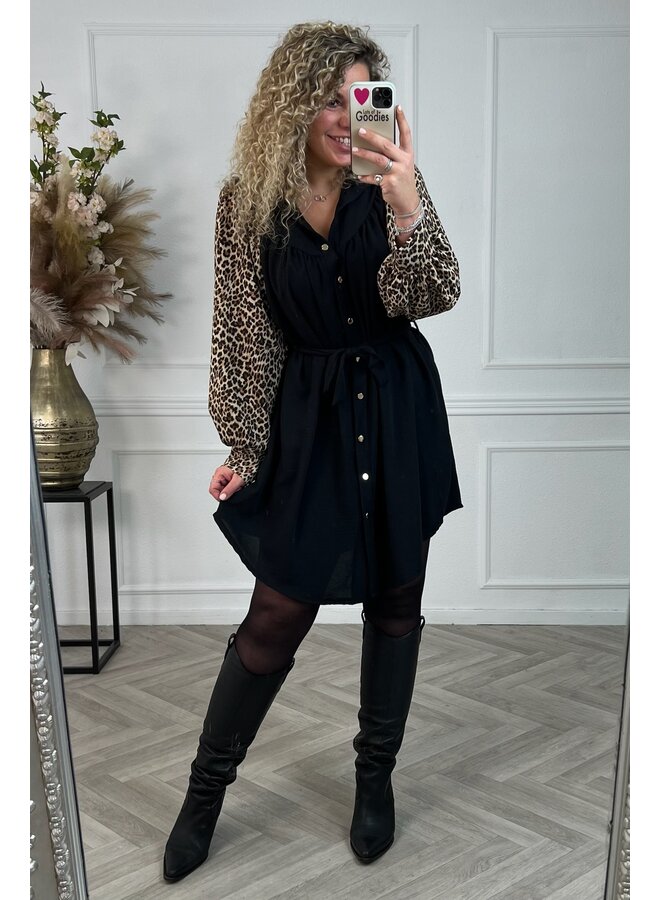 Curvy Leopard Sleeves Dress - Black