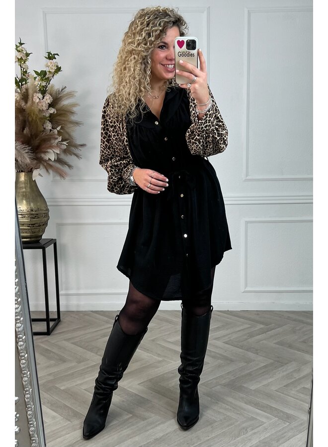 Curvy Leopard Sleeves Dress - Black