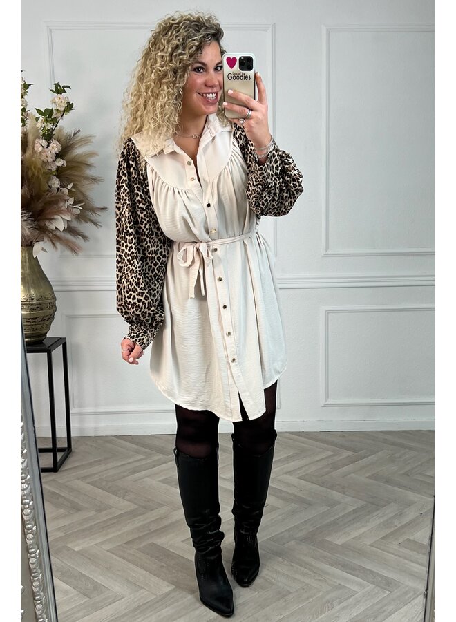 Curvy Leopard Sleeves Dress - Beige