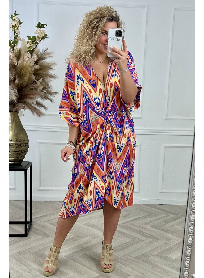 Curvy Knotted Print Dress - Orange/Kobalt