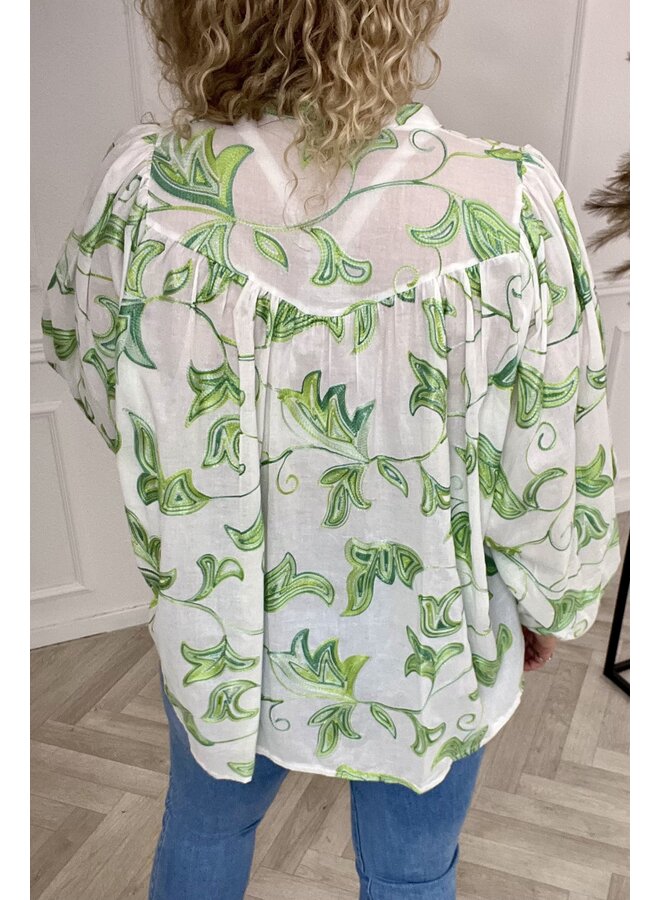 Cotton Embroidered Leaves Blouse - White/Green