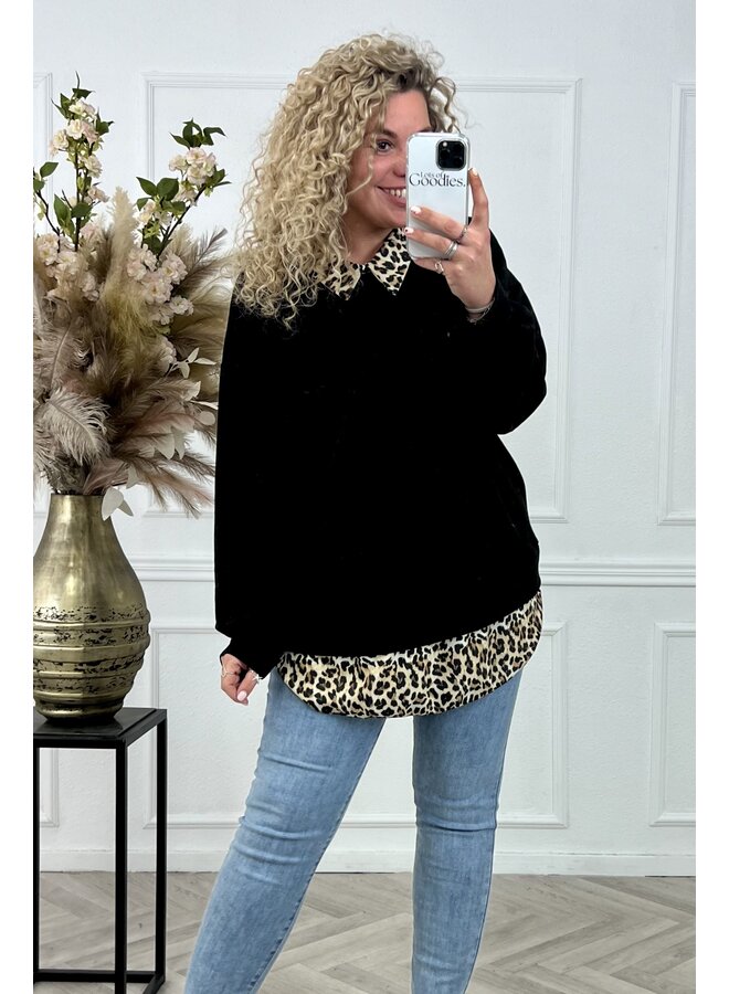 Leopard Collar Blouse Sweater - Black