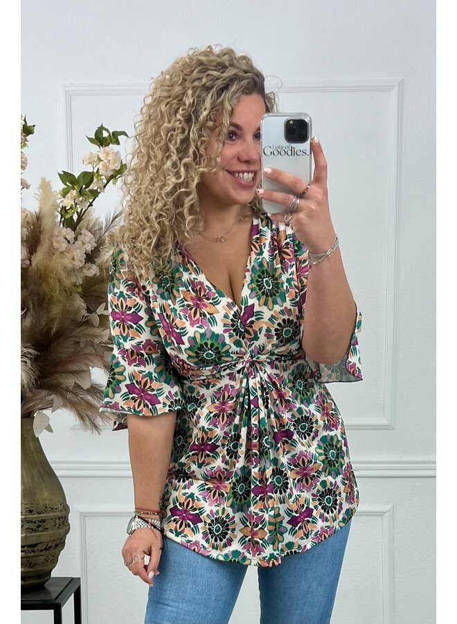 Curvy Knotted Flower Top - Green/Pink