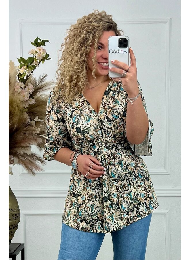 Curvy Knotted Paisley Top - Beige/Black/Blue