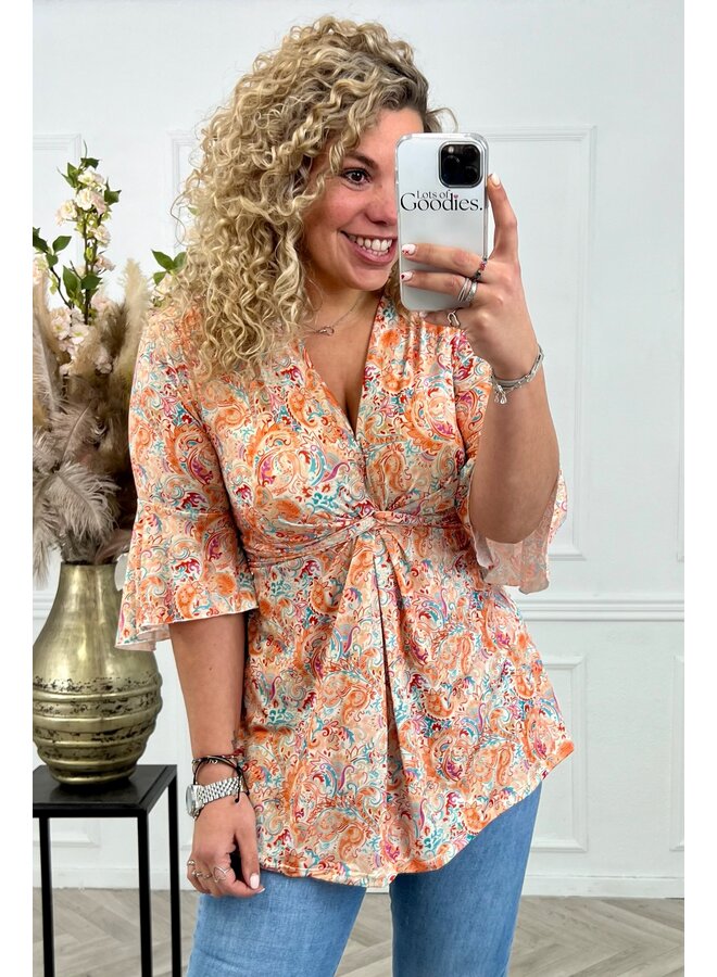 Curvy Knotted Paisley Top - Orange/Turquoise