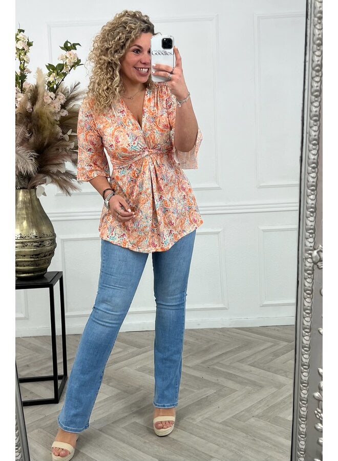 Curvy Knotted Paisley Top - Orange/Turquoise