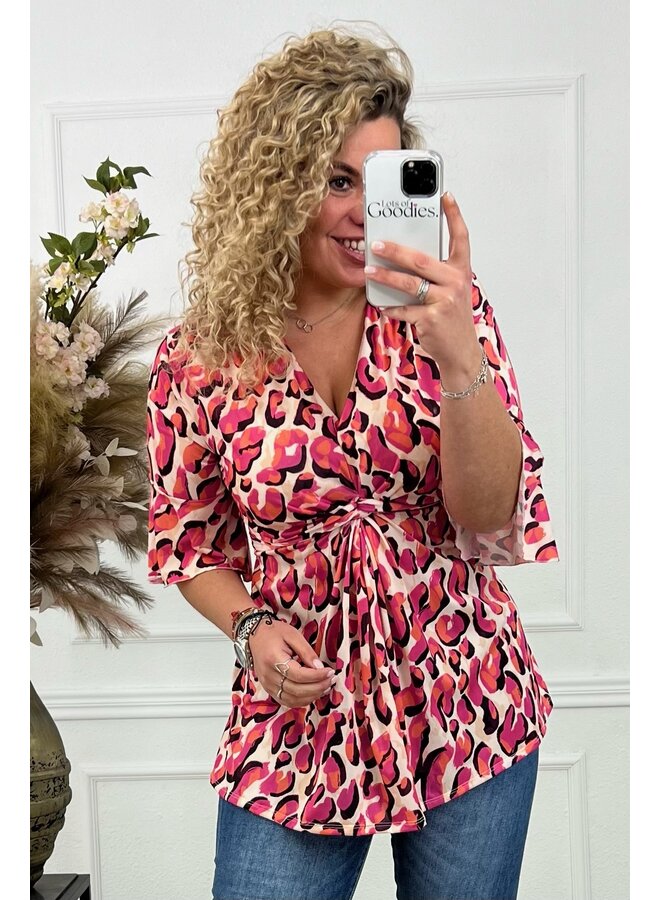 Curvy Knotted Big Leopard Top - Beige/Pink