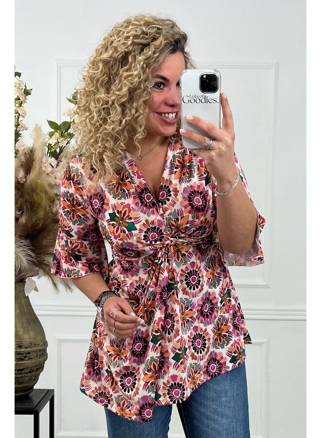 Curvy Knotted Flower Top - Pink/Orange