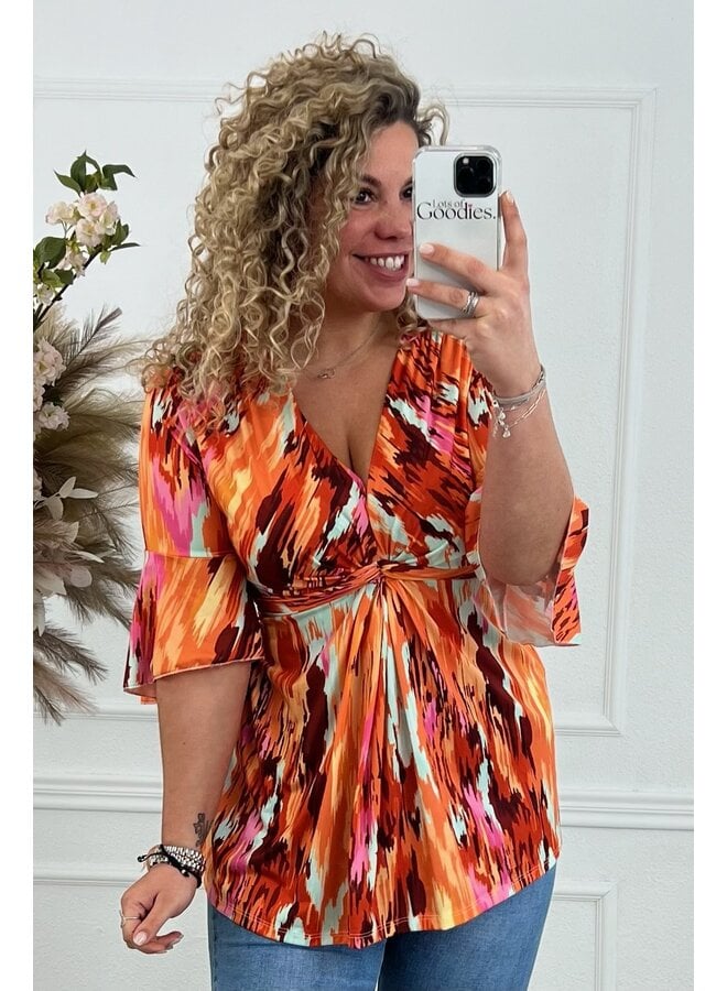 Curvy Knotted Striped Top - Orange/Pink