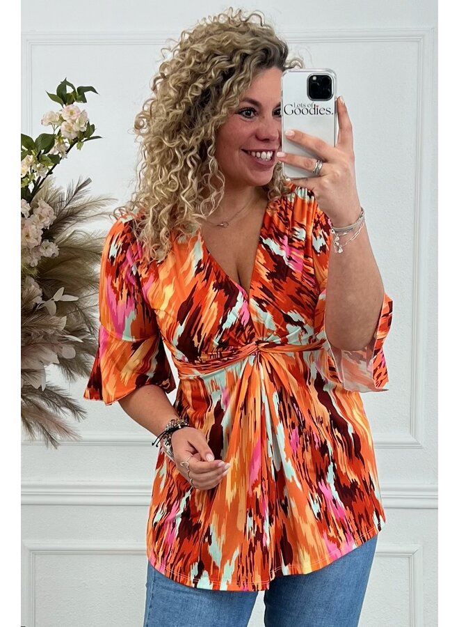 Curvy Knotted Striped Top - Orange/Pink