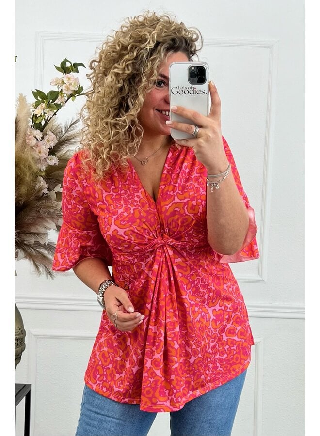 Curvy Knotted Leopard Top - Orange/Fuchsia