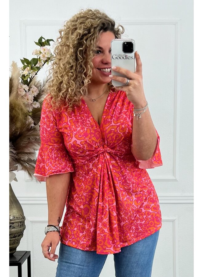 Curvy Knotted Leopard Top - Orange/Fuchsia