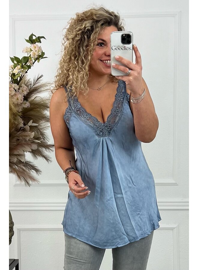 Curvy Bibi Lace Top - Denim Blue