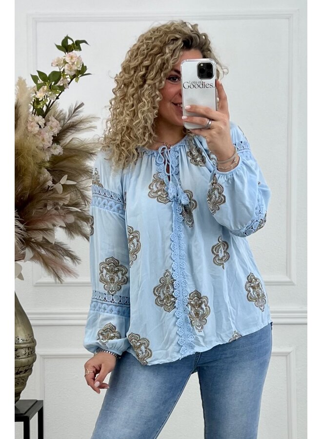 Valencia Boho Barok Blouse - Light Blue