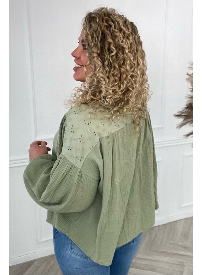 Cotton Broderie Blouse - Armygreen