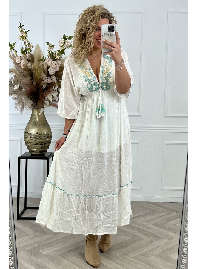 Maxi Ibiza Dress Flower- Creme/Turquoise