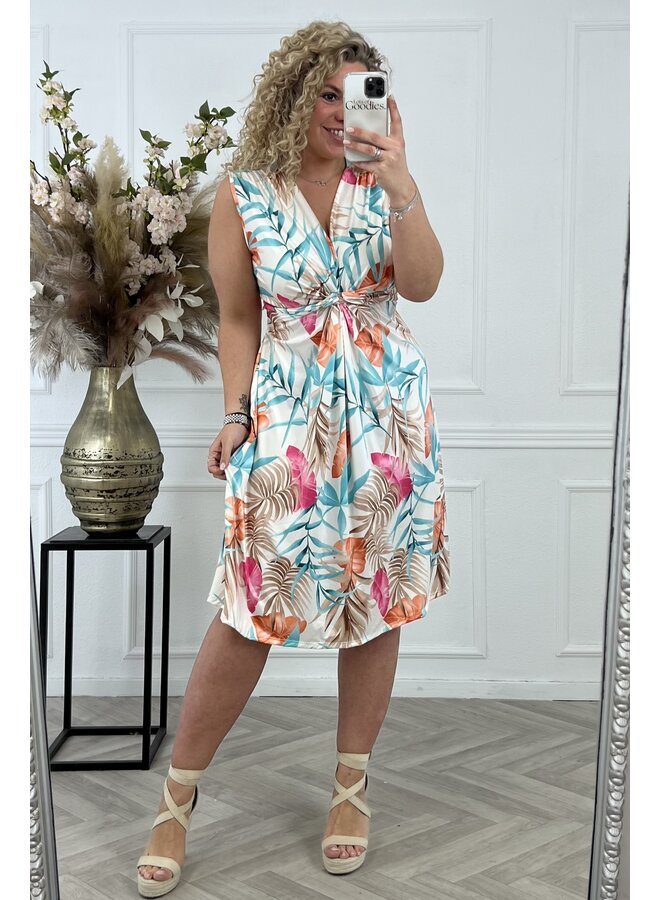 Curvy Knotted Sleeveless Dress Palm Leaves- White/Taupe/Pink