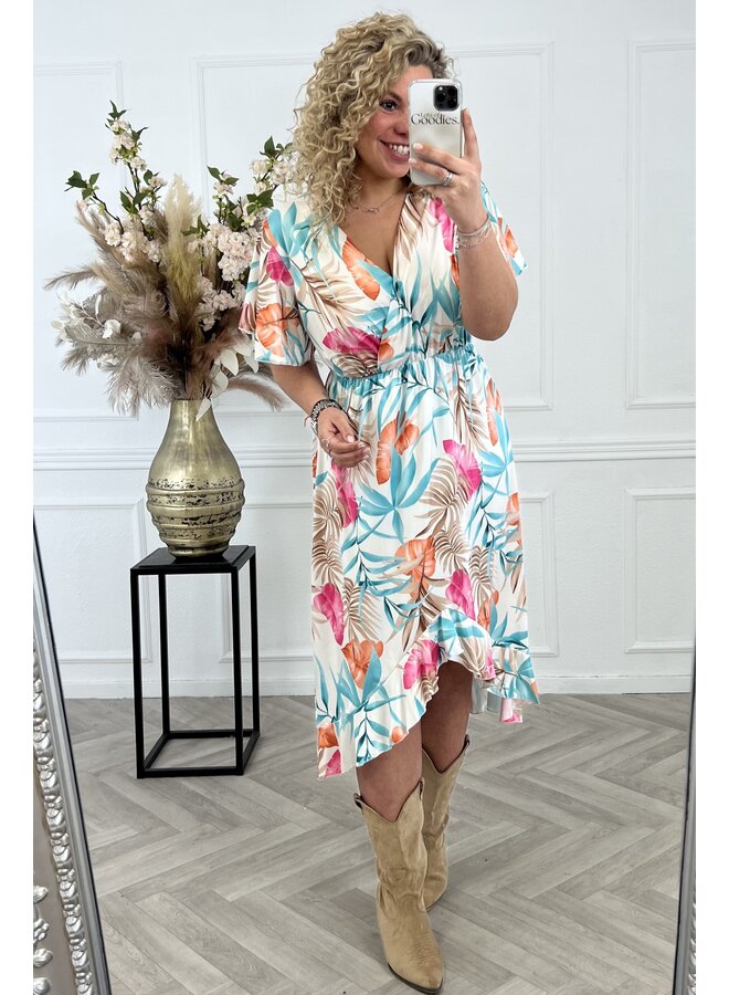 Curvy Spanish Dress Palm Leaves - White/Taupe/Pink
