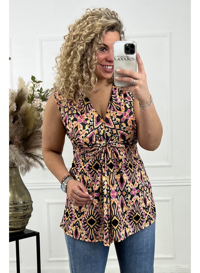 Curvy Knotted Sleeveless Top - Aztec - Oker/Black/Pink PRE-ORDER