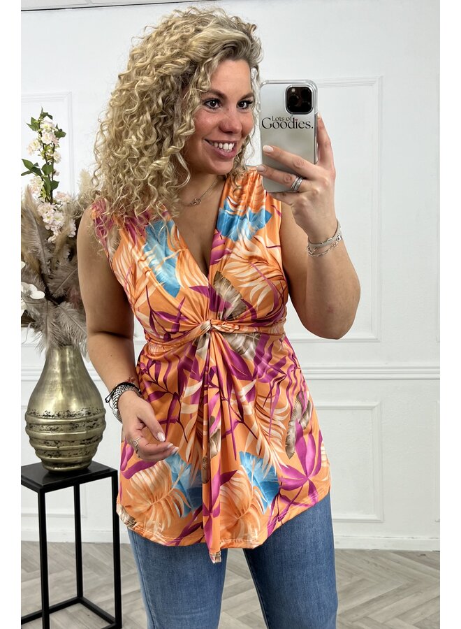 Curvy Knotted Sleeveless Top Palm Leaves- Orange/Magenta/Blue