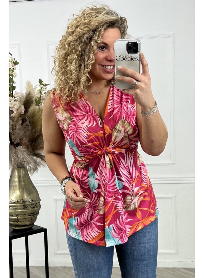 Curvy Knotted Sleeveless Top Palm Leaves - Fuschia/Orange/Taupe