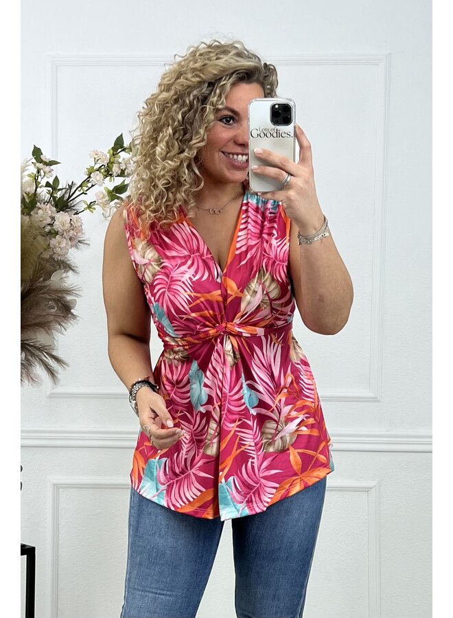 Curvy Knotted Sleeveless Top Palm Leaves - Fuschia/Orange/Taupe