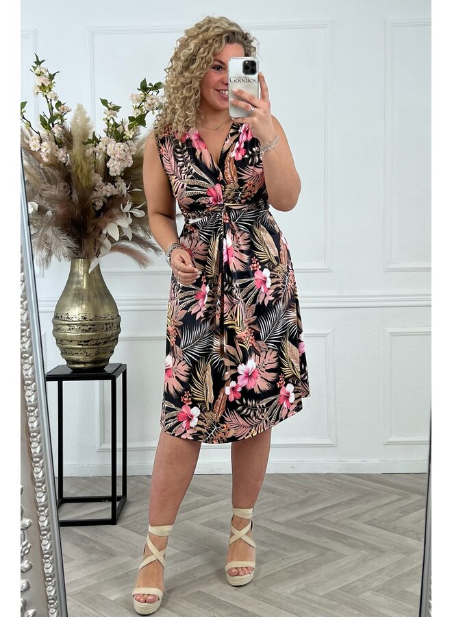 Curvy Knotted Sleeveless Tropical Dress - Black/Pink/Taupe