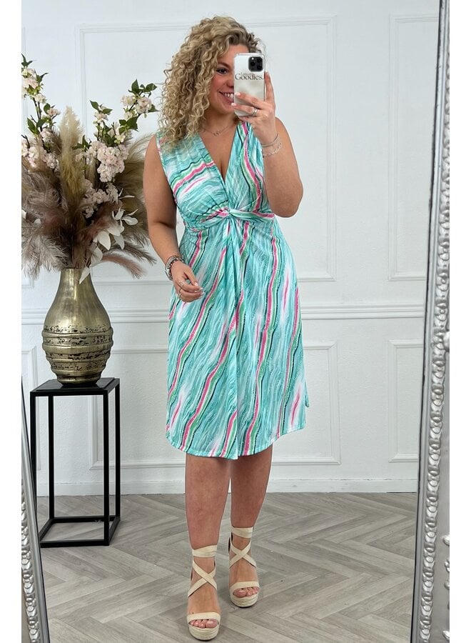 Curvy Knotted Sleeveless Dress Striped - Turquoise/Pink