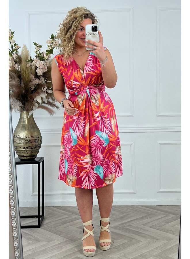 Curvy Knotted Sleeveless Dress Palm Leaves - Fuschia/Orange/Taupe