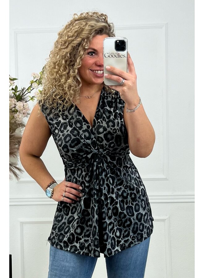 Curvy Knotted Sleeveless Top - Leopard - Black/Grey