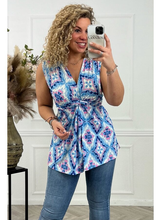 Curvy Knotted Sleeveless Top Mia- Blue/Pink