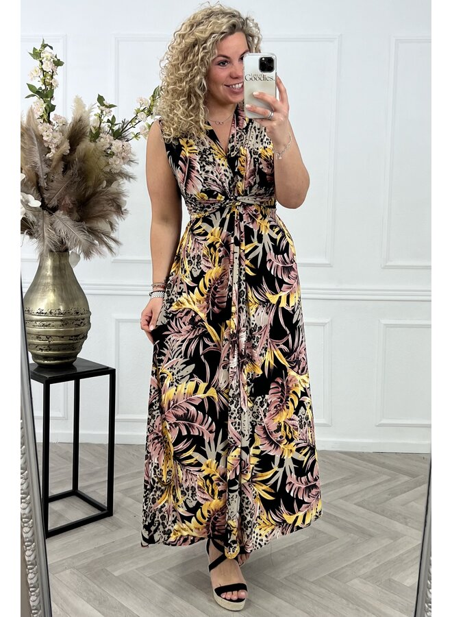 Maxi Leaves Leopard Knotted Dress - Old pink/Yellow/Black