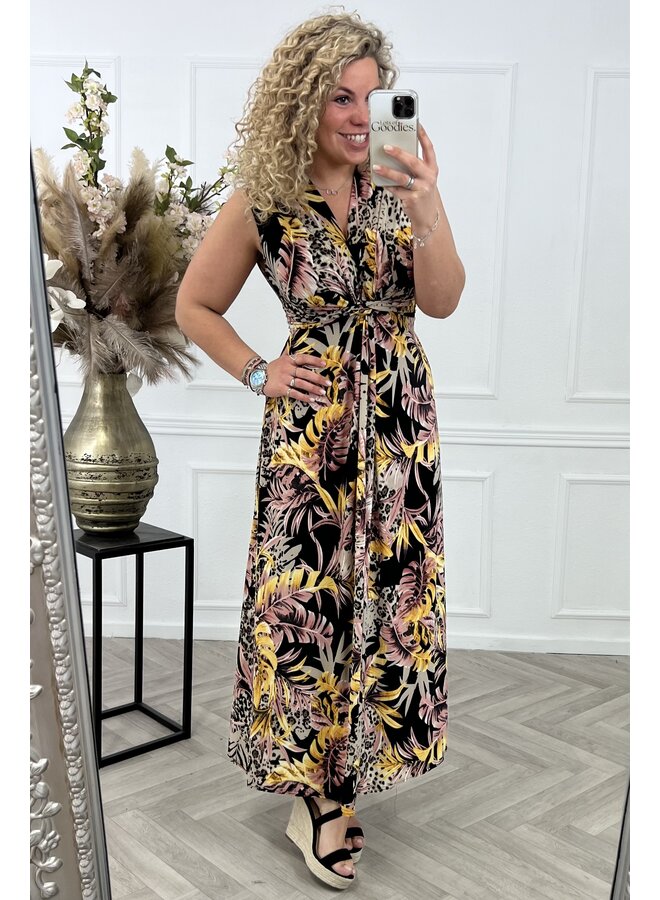 Maxi Leaves Leopard Knotted Dress - Old pink/Yellow/Black