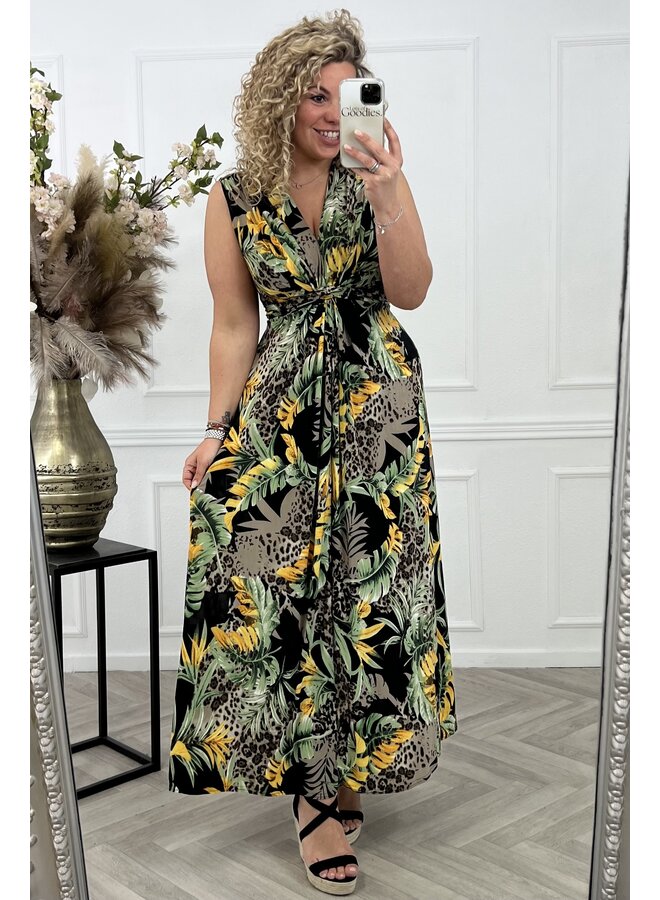 Maxi Leaves Leopard Knotted Dress - Green/Yellow/Black