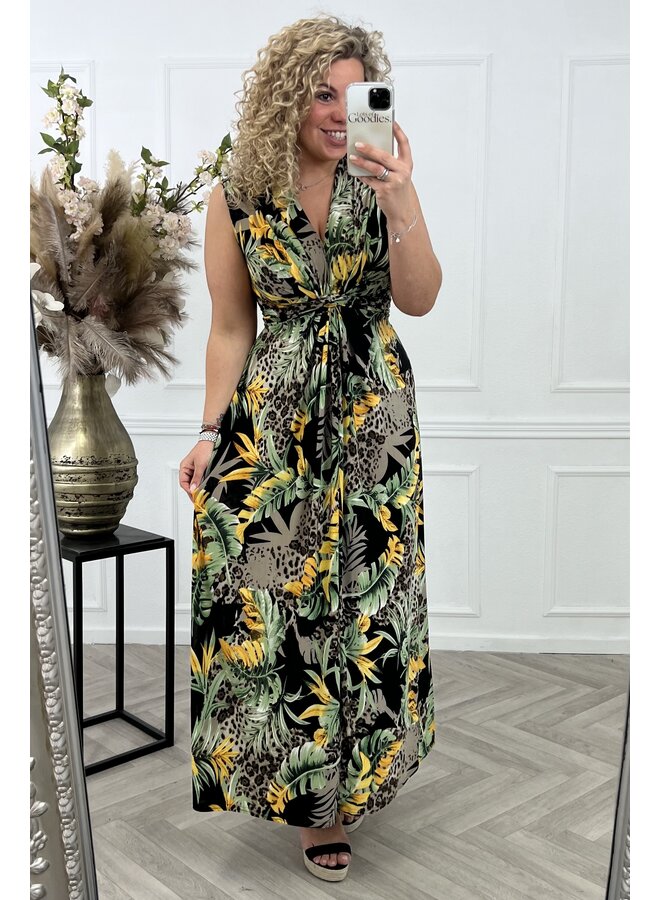 Maxi Leaves Leopard Knotted Dress - Green/Yellow/Black
