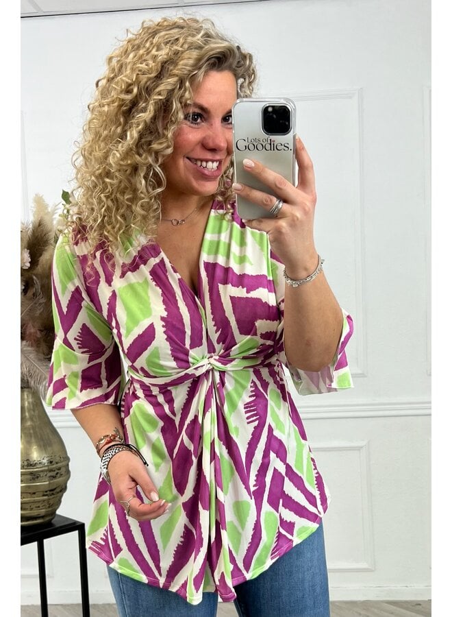 Curvy Knotted Tess Top - Purple/Lime