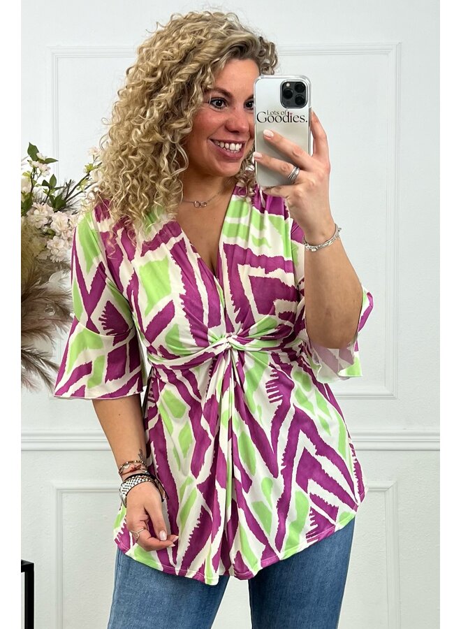 Curvy Knotted Tess Top - Purple/Lime