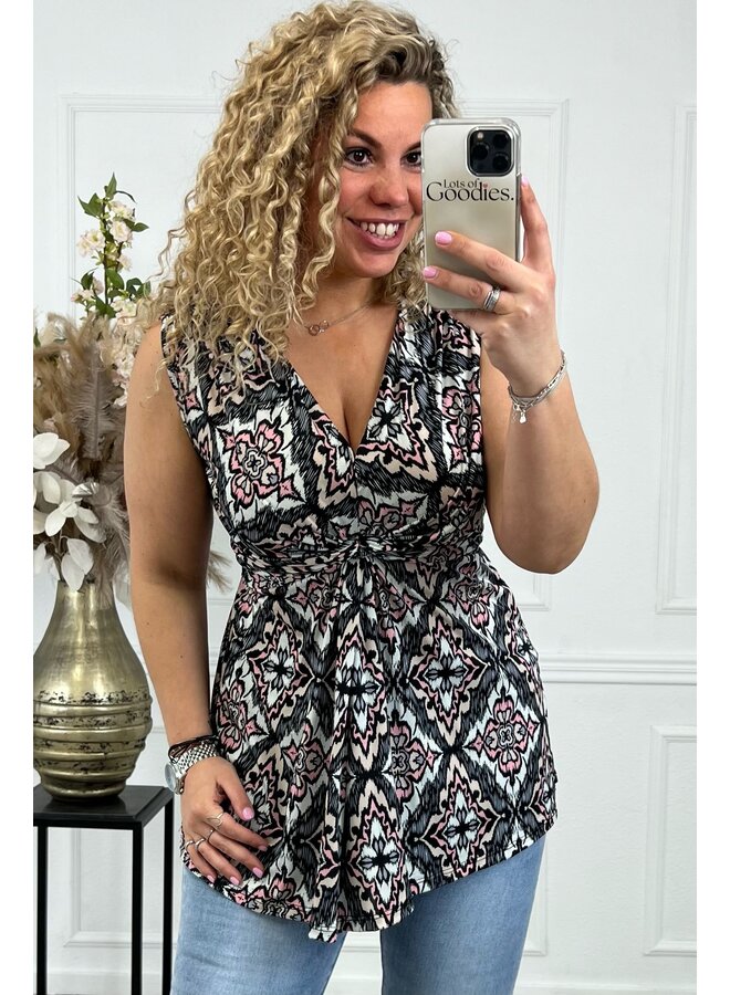 Curvy Knotted Sleeveless Top Mia- Black/Pink
